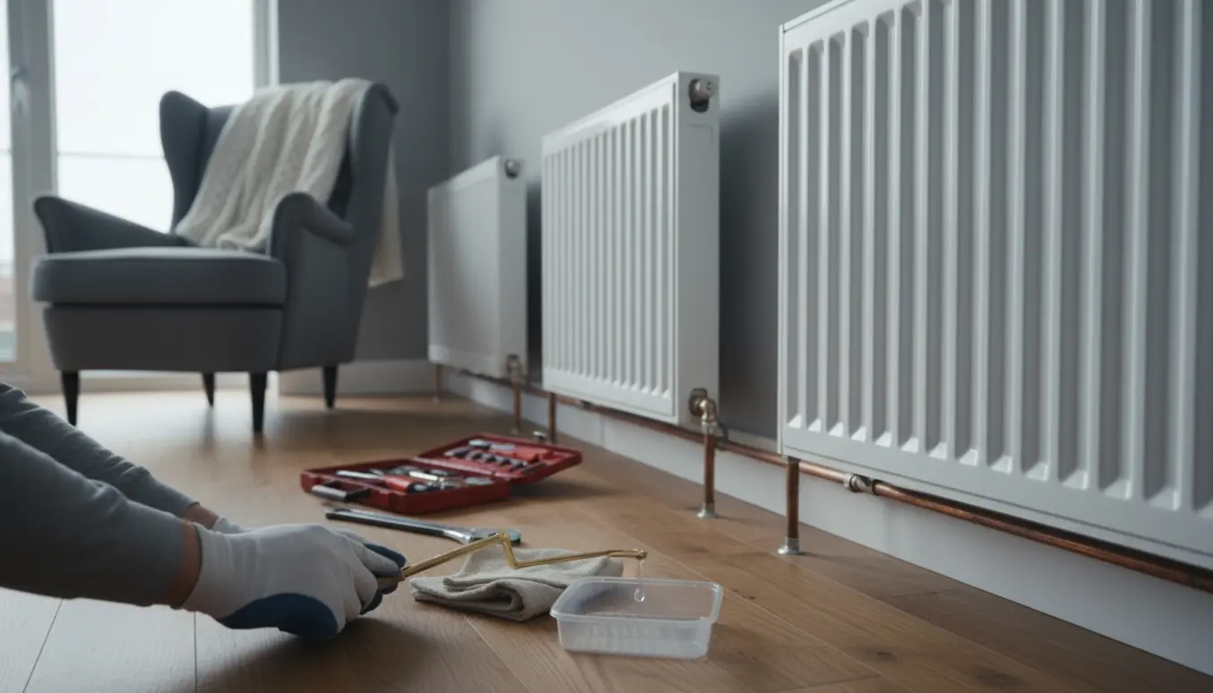 Hænder udlufter en radiator med en nøgle, med tre radiatorer i et køligt hjem i baggrunden.