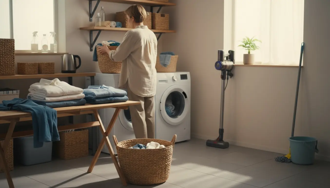 Person set bagfra lægger vasketøj i vaskemaskinen i et lyst, solbeskinnet hjem.