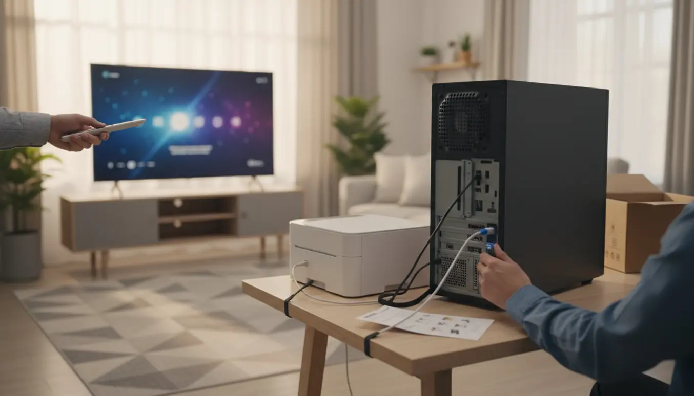 Hænder forbinder en printer til en ny stationær computer foran et fjernsyn med sløret indstillingsskærm.