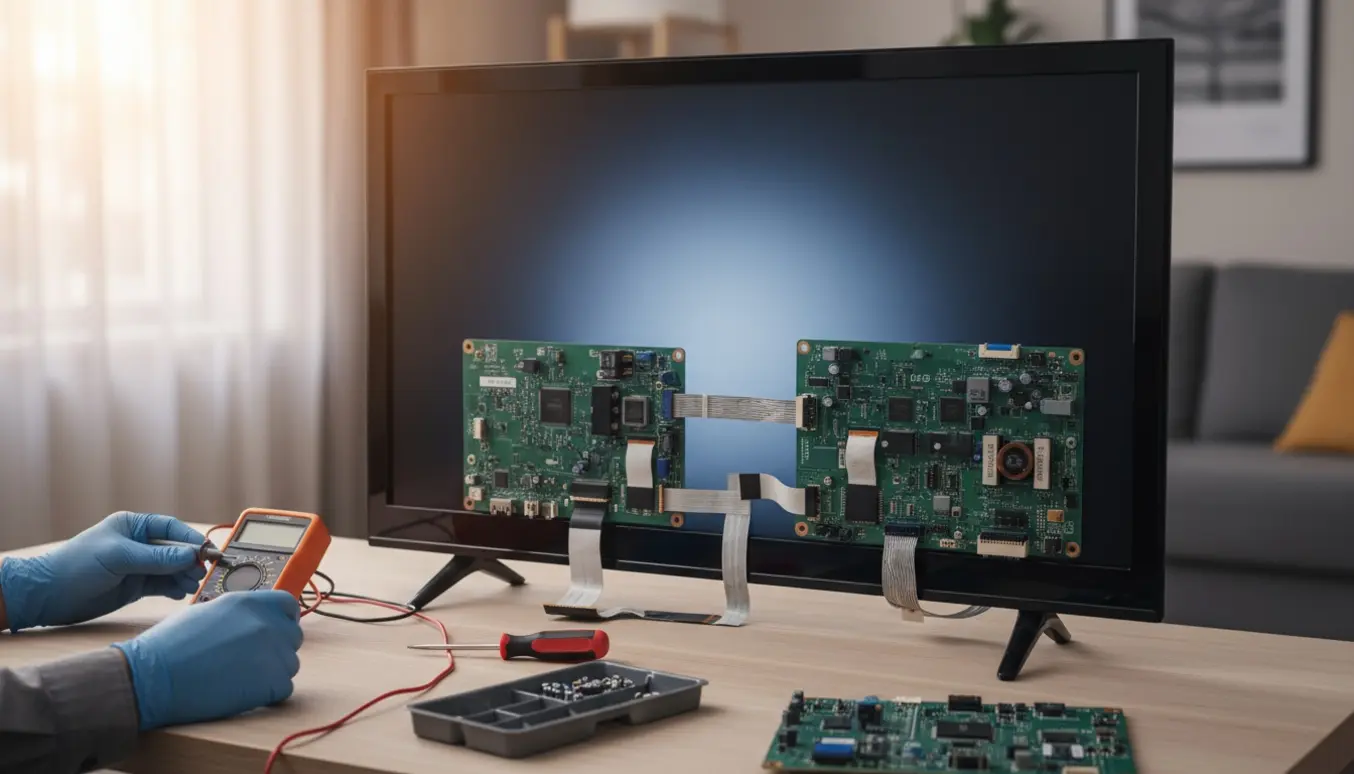 Tekniker måler på en fladskærms-tv's åbne bagpanel med multimeter, skærmen er tændt men viser kun en sort flade.