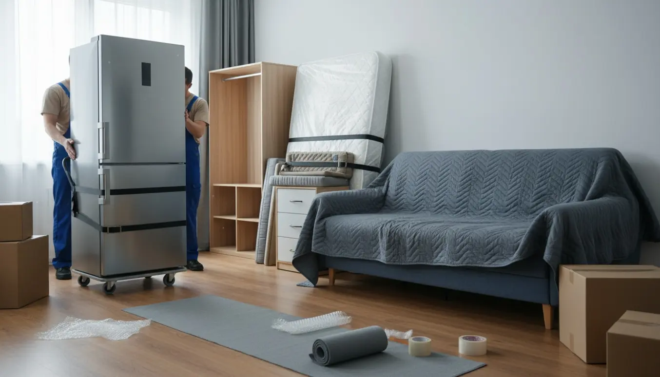 Flytteopgave i lejlighed med pakket hjørnesofa, højt køleskab, dobbeltseng 180x200, lille klædeskab og kommode på beskyttelsestæpper.