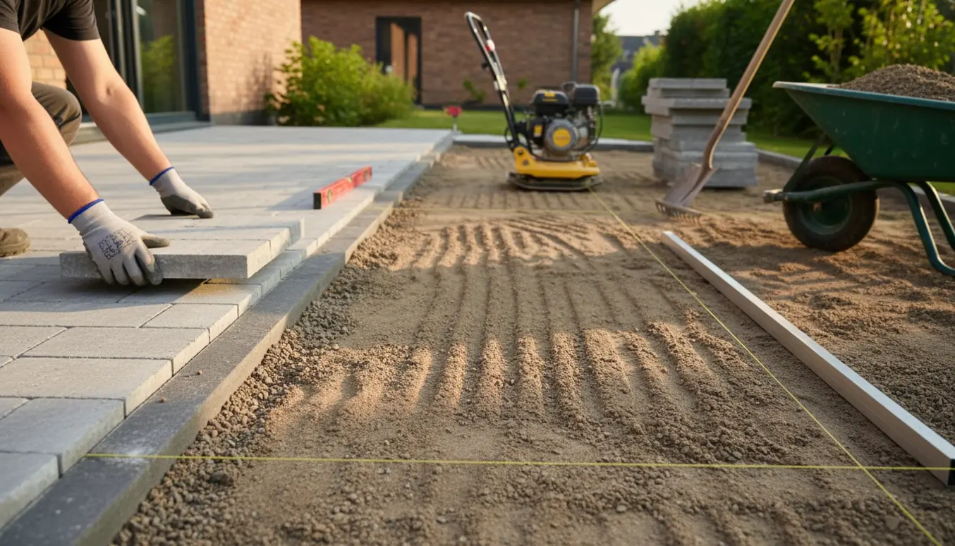 Hænder lægger haveflise på kompakt stabilt grus på en delvist færdig terrasse.