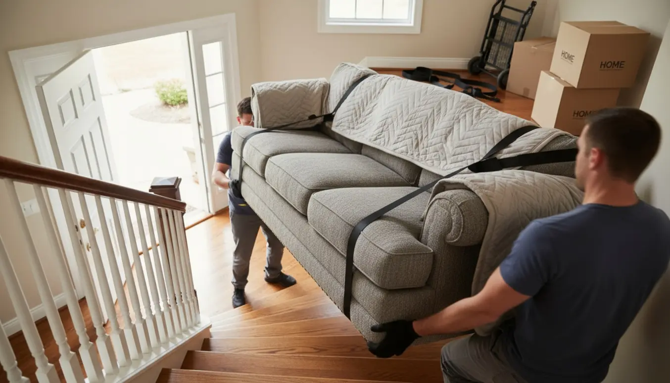 To flyttere bærer en 3-personers sofa op ad en trappe til 1. sal, pakket i flyttetæpper og stropper.