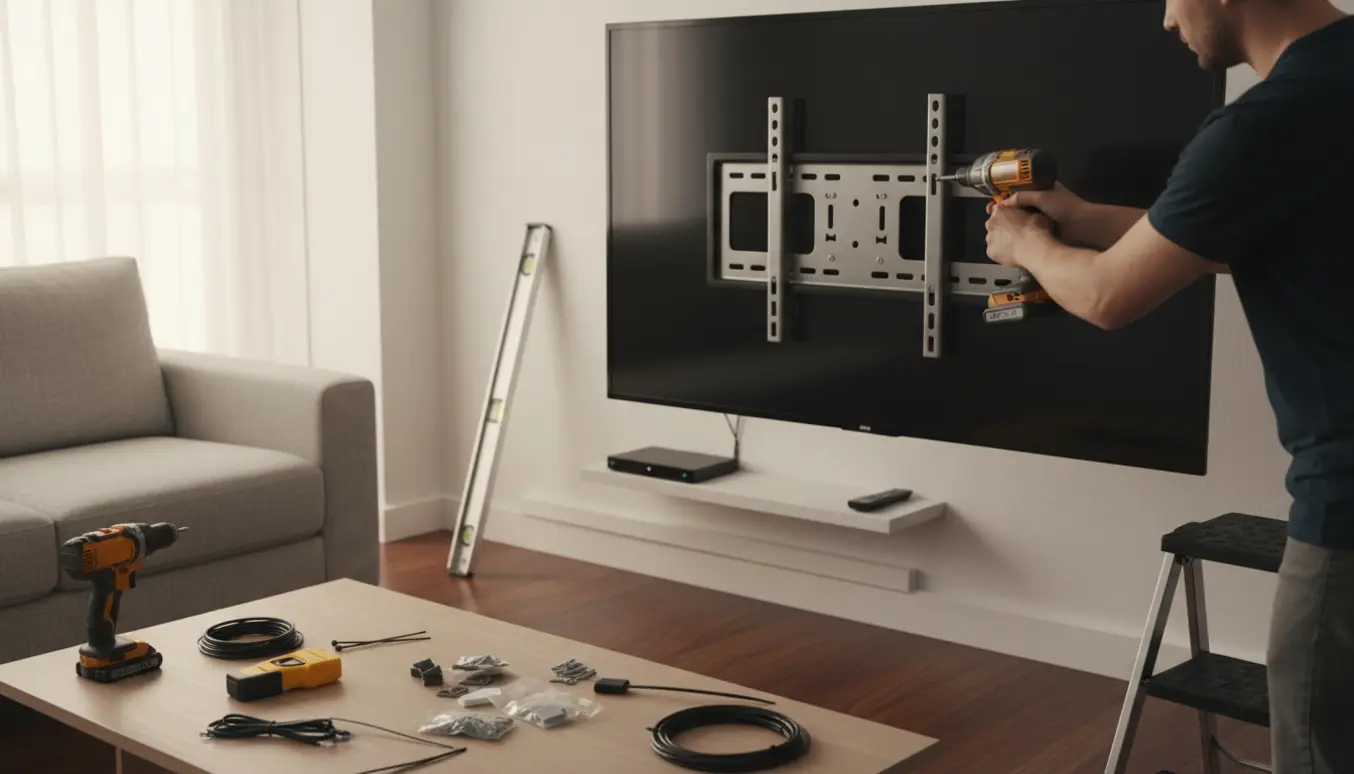 En person monterer et fladt TV på væggen, hængslet synligt og værktøj og kabler klar på gulvet.