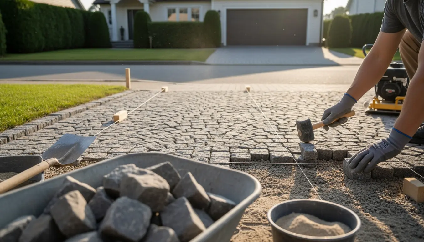 Nærbillede af håndværkere, der anlægger brosten i en indkørsel med værktøj og materialer, uden tydelige ansigter.