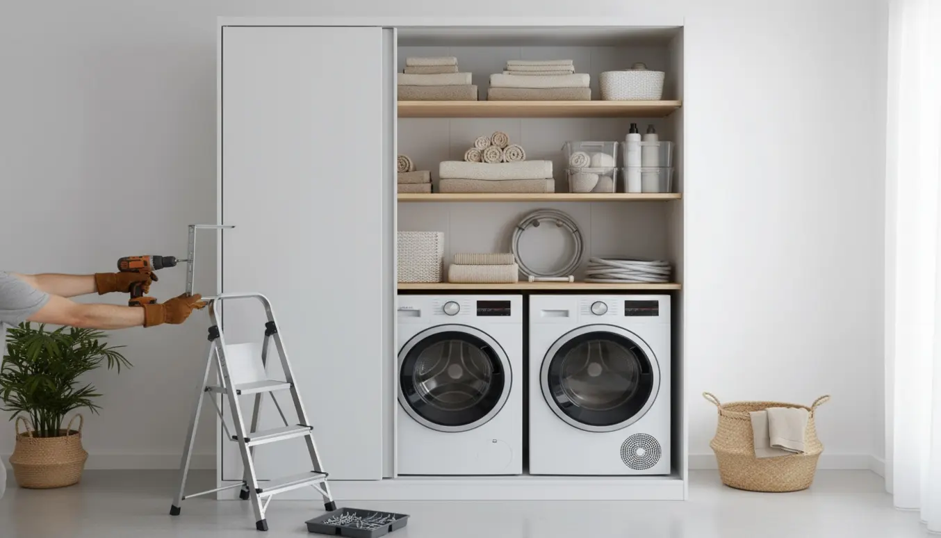 Gulv-til-loft hvidt skab med skydedøre åbne, vaskemaskine og tørretumbler samt hylder og værktøj ved installation.