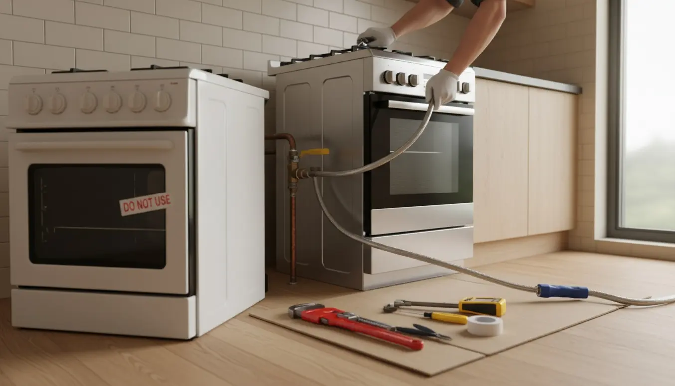 Hænder forbinder gastilslutning på et nyt 50 cm gaskomfur i et køkken, ingen ansigter synlige.