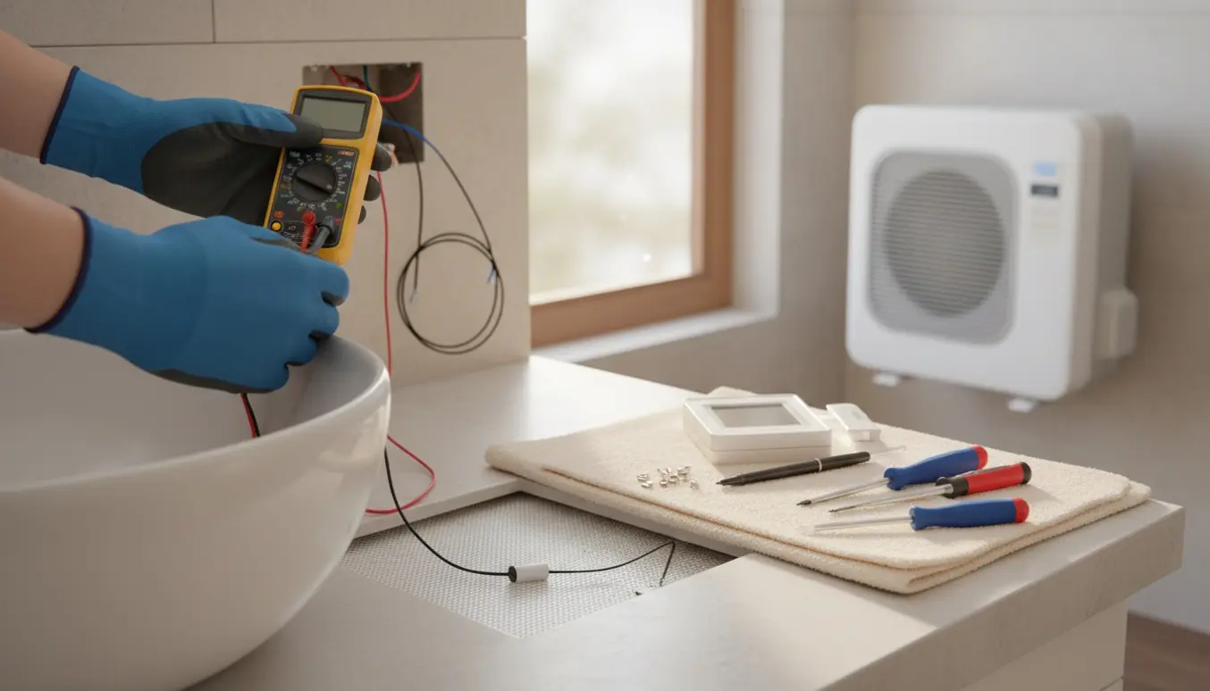 Hænder i handsker tester eksponerede ledninger til gulvvarme med multimeter i et badeværelse, varmepumpe i baggrunden.