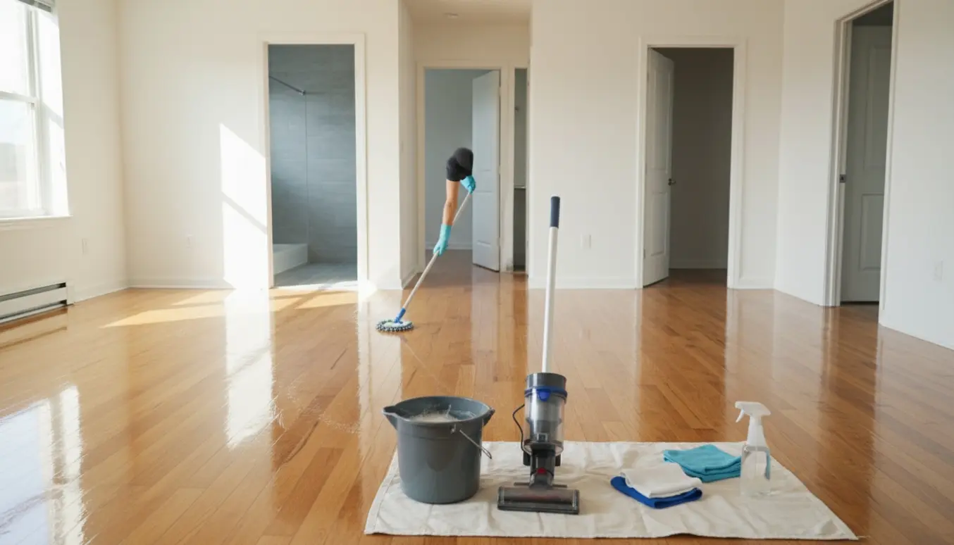Tom nymalet lejlighed med rengøringsudstyr i forgrunden og skinnende trægulv.