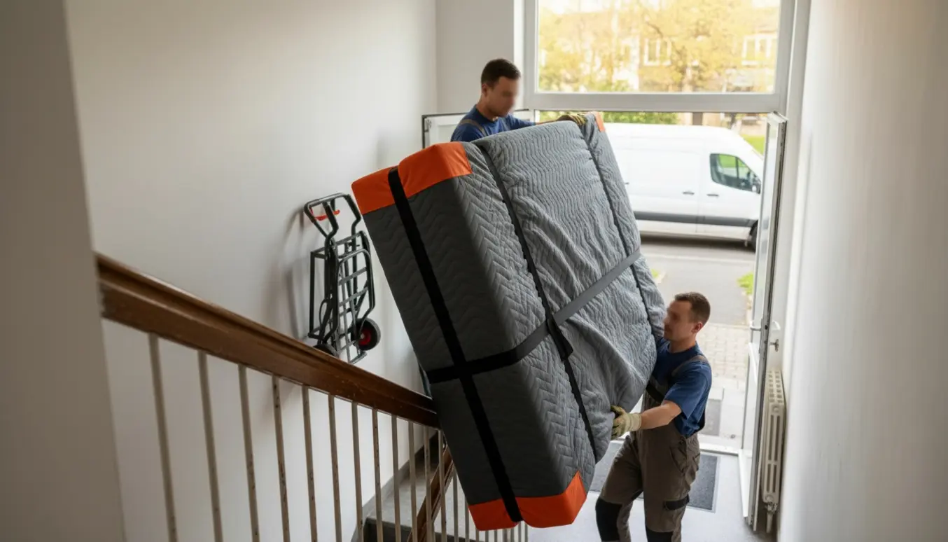 To flyttefolk bærer en indpakket seng op ad en trappe mod en åben varevogn på gaden.