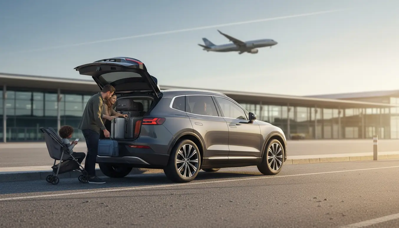 Bil parkeret ved Kastrup Lufthavn med en familie, der læsser kufferter i bagagerummet ved solnedgang.