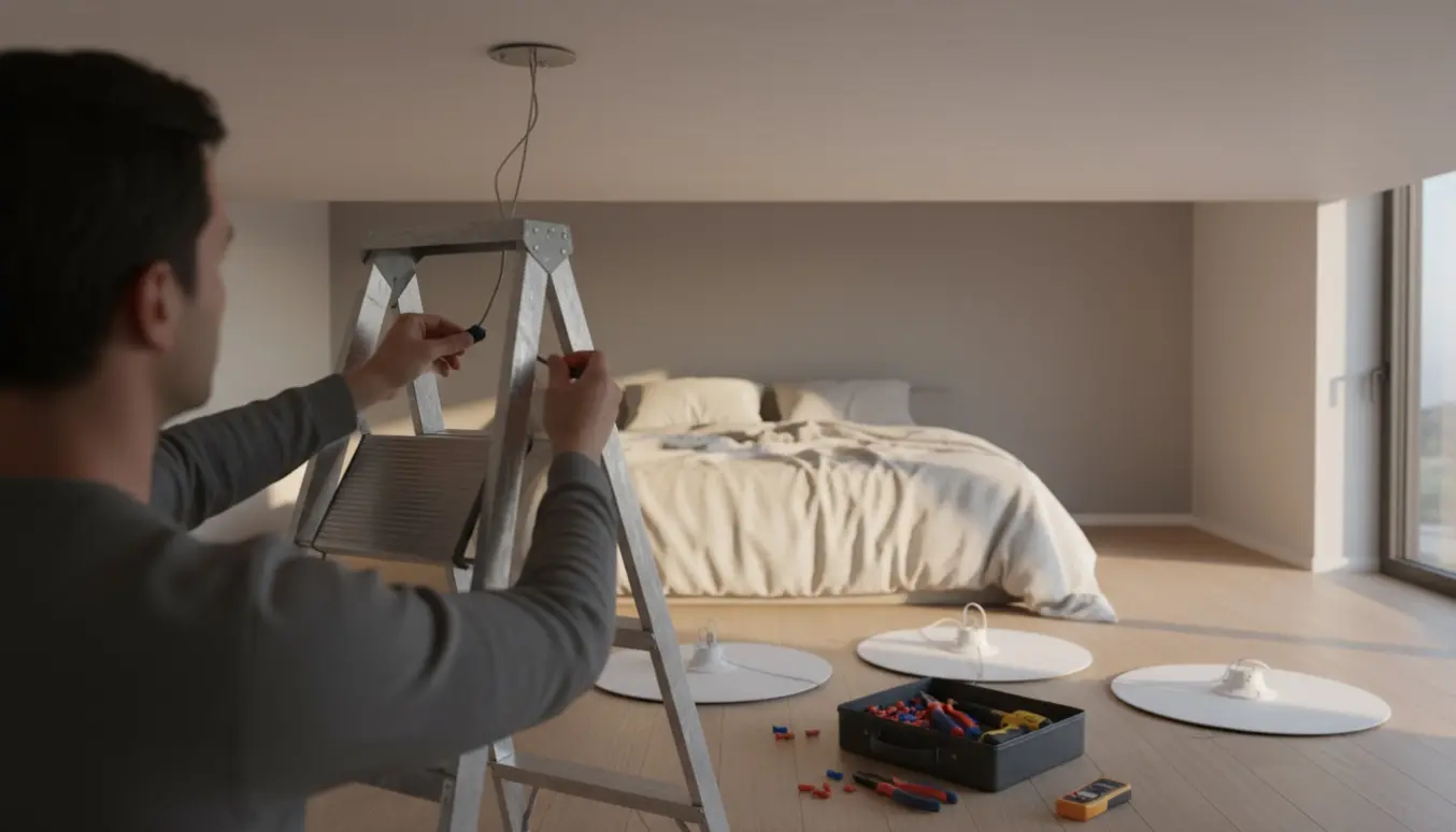 Person på trappestige monterer en loftslampe over en seng, med tre ekstra lamper og værktøj klar på gulvet.