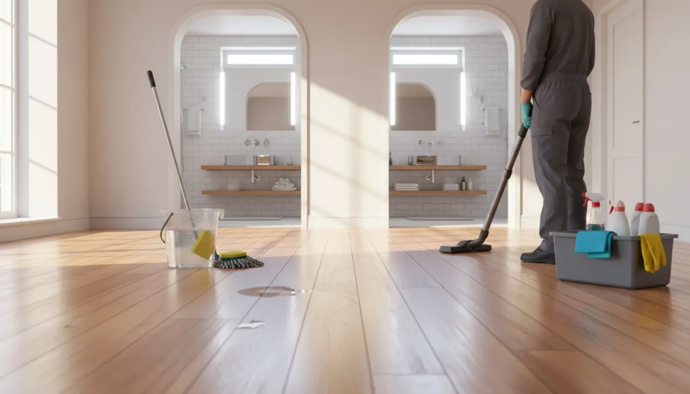 Professionel rengøring i et lyst stort rum med støvsuger og gulvmoppe, to rene badeværelser i baggrunden.
