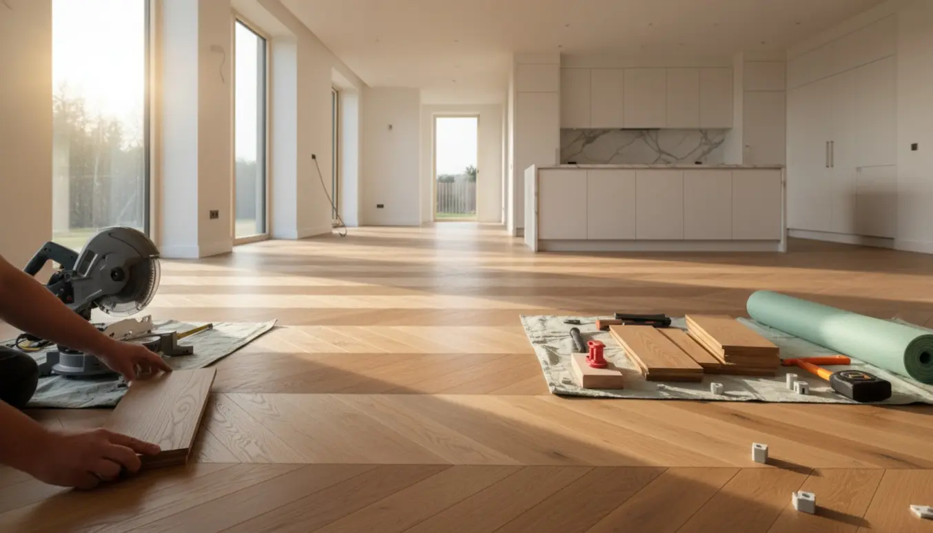 Åbent køkkenalrum med hånd, der lægger parket, stakke af planker og værktøj i naturligt dagslys.