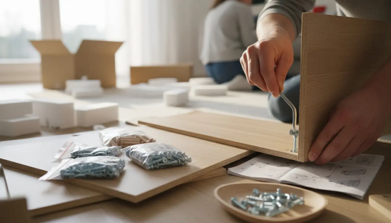 Hænder samler et flat-pack IKEA-møbel i en lys stue med dele og værktøj.