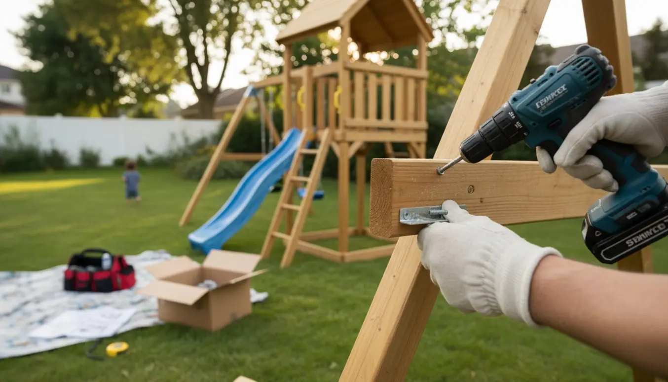 Hænder skruer et træ-legetårn sammen i en have med værktøj og dele omkring.