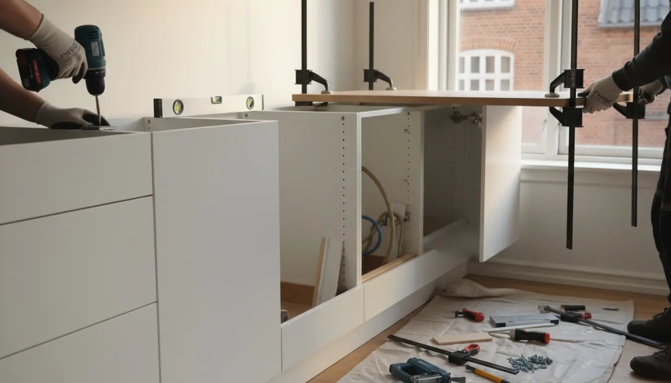 Hænder monterer IKEA METOD-skab og tilpasser en færdigskåret bordplade i en lejlighed på Vesterbro.