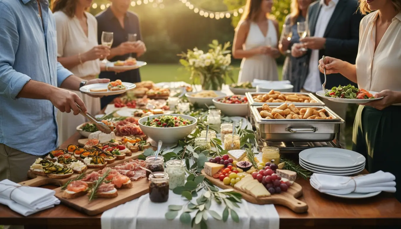 Buffet i have med fade og hænder, der anretter og serverer mad til en mindre konfirmation.