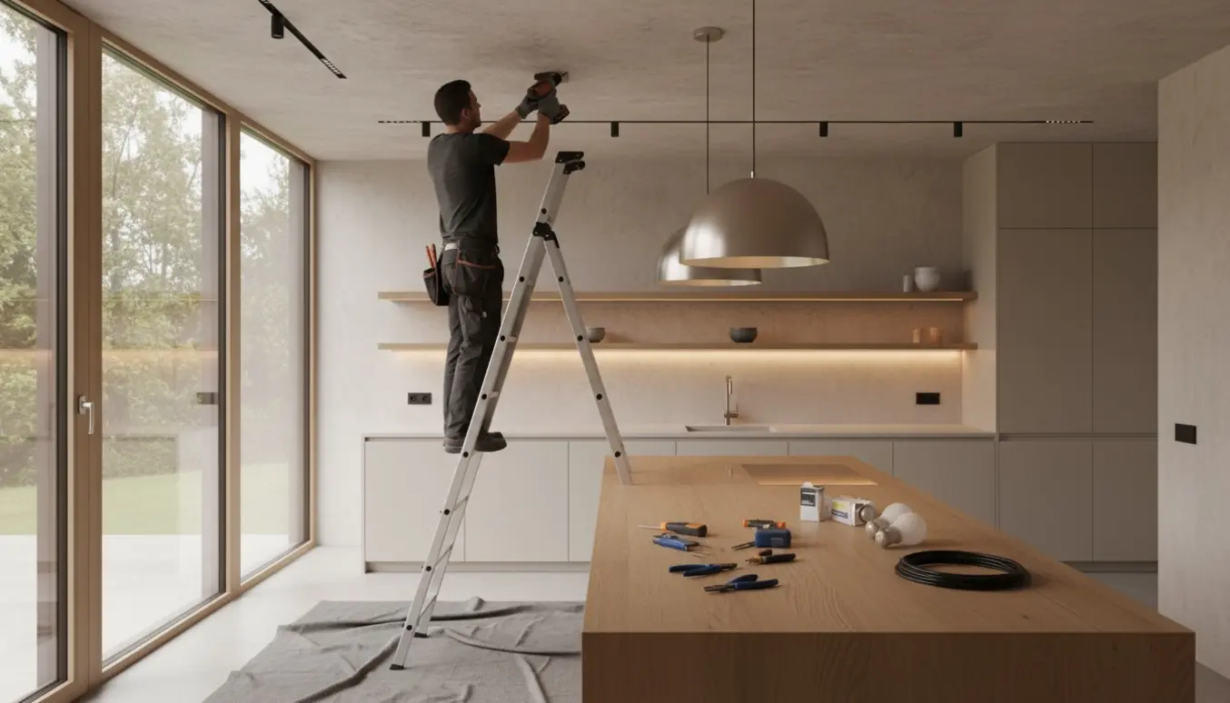 En installatør på en høj stige monterer en køkkenlampe i et lyst køkken med højt til loftet.
