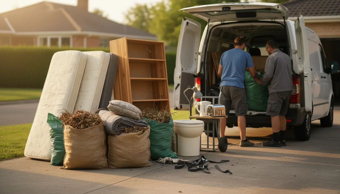 Åben varevogn med madrasser, reol, poser med haveaffald, elektronik, campingtoilet og sække med puder og tæpper klar til bortkørsel.