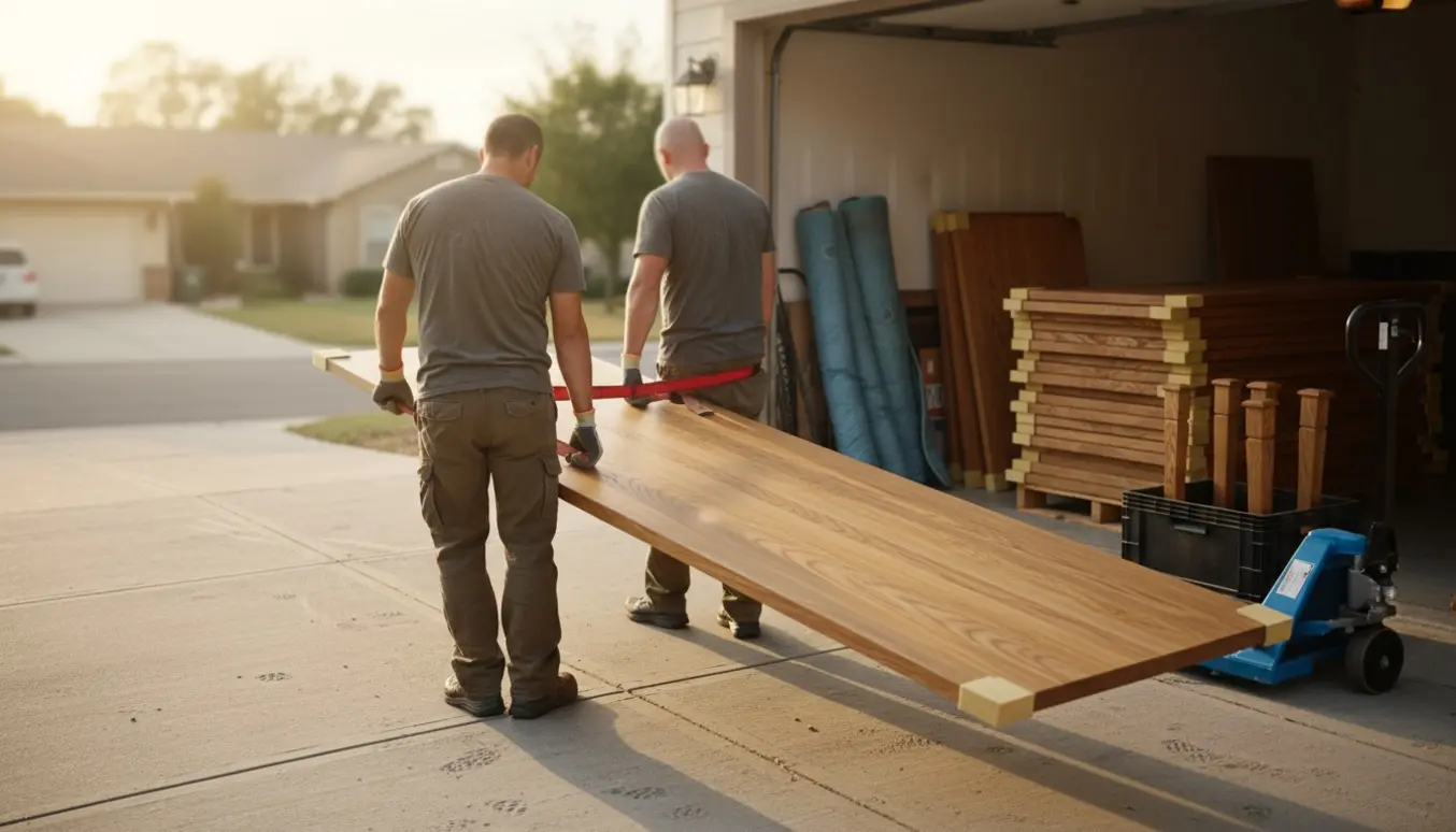 To personer bærer en tung egetræs bordplade fra indkørsel mod et åbent opbevaringsrum med stablede bordplader og bordben ved siden af.