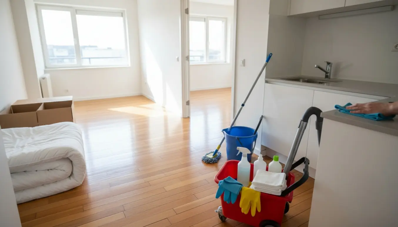 Lyse, nyvaskede rum i en fraflytningsklar lejlighed med rengøringsudstyr i fokus.