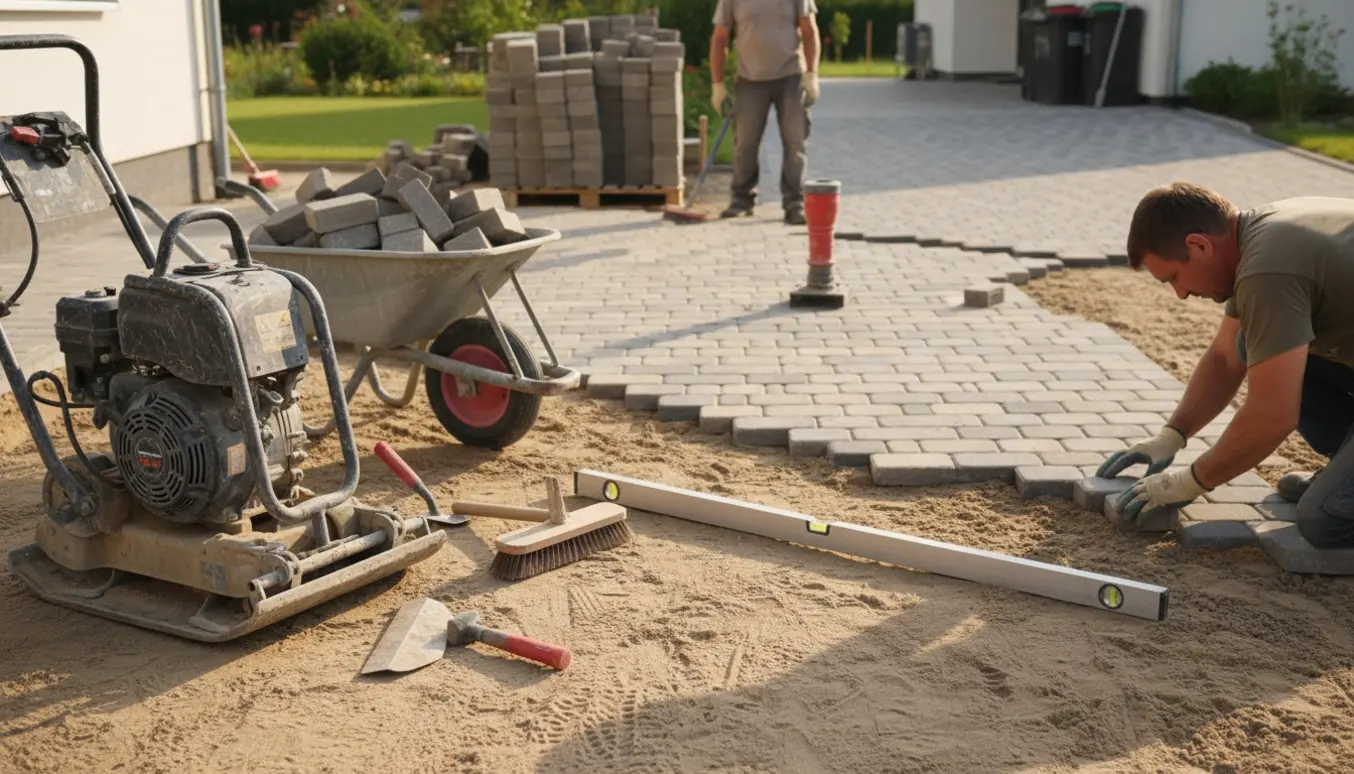 Lægning af chaussésten på en stampet sandpude med værktøj og den eksisterende indkørsel i baggrunden.