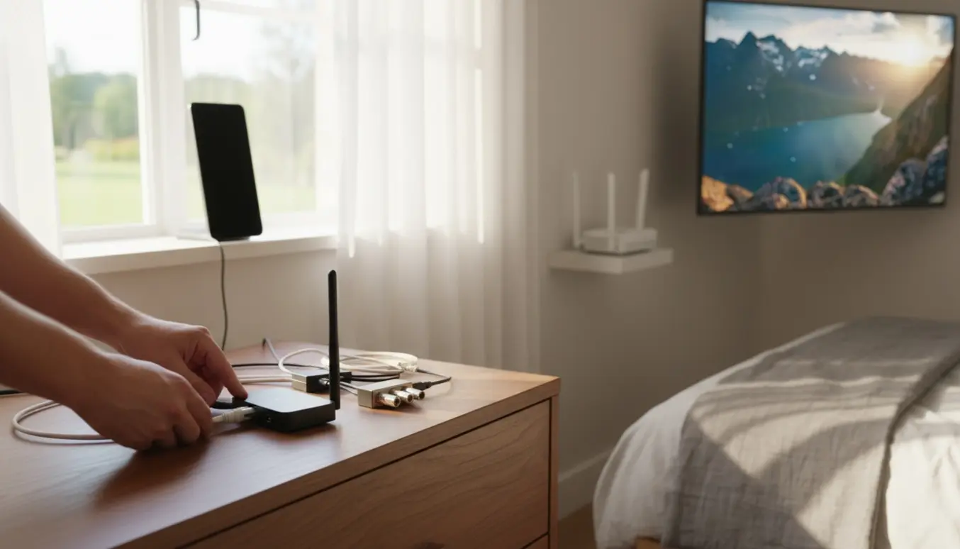 Indendørs antenne og trådløs modtager ved et soveværelses-tv, en hånd tilslutter et coax-kabel.