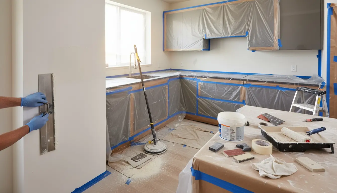 Køkken under renovering med afdækkede fronter, spartelværktøj, girafsliber og vægge klar til filtning og maling.