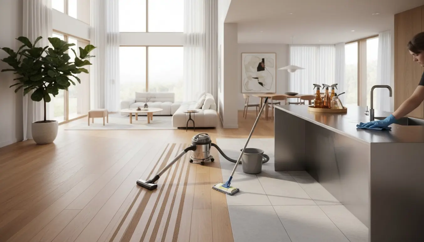 Professionel rengøring i et lyst, rummeligt hjem med støvsuger, moppe og mikrofiberklude.