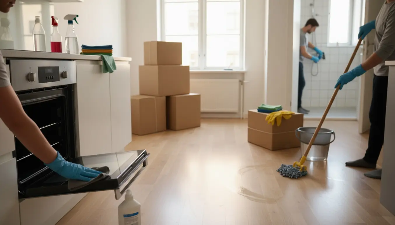 Udflytningsrengøring i lejlighed med handsker, åben ovn, moppet gulv og flyttekasser.