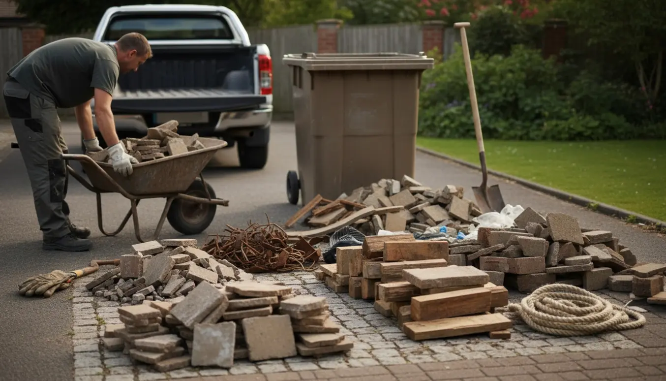 Sorterede bunker af havefliser, brosten, træ, jern og plast klar til bortskaffelse på en indkørsel.