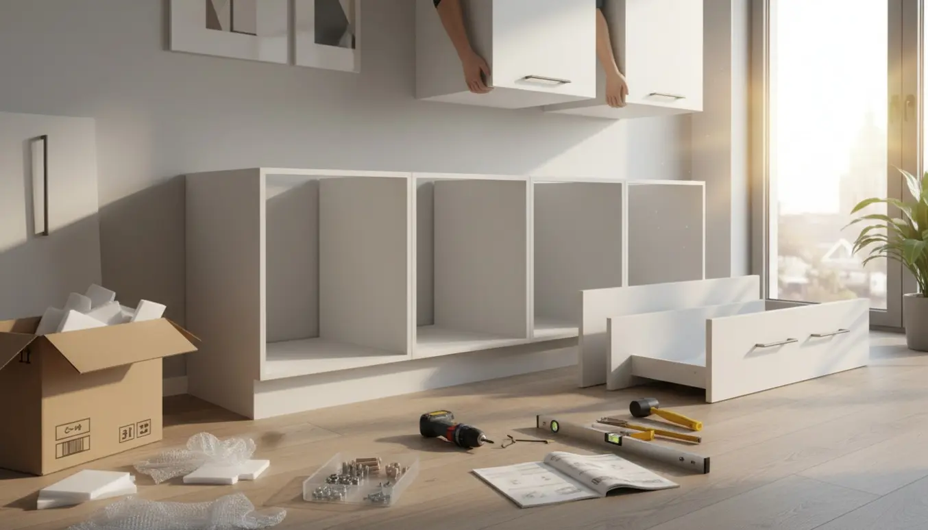 Delvist monteret fladpakket køkken med hvide skabe, værktøj og åben emballage i naturligt dagslys.