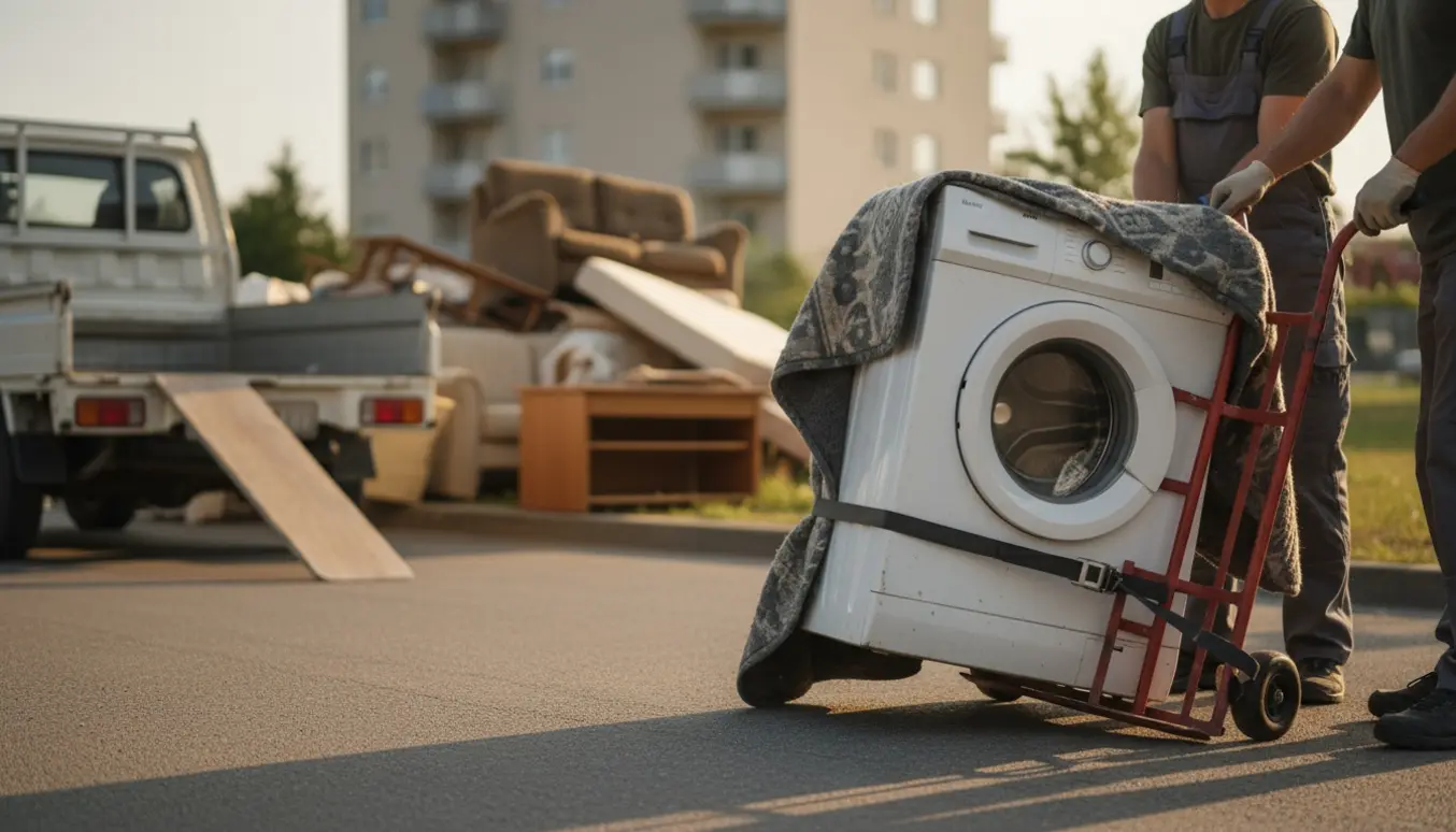 Vaskemaskine på sækkevogn sikres og læsses ved storskrald på fortovet.