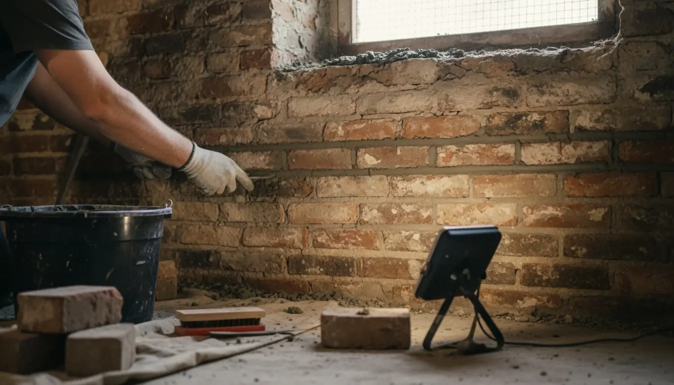Nærbillede af reparation af muret kældervæg med handsker og frisk mørtel.
