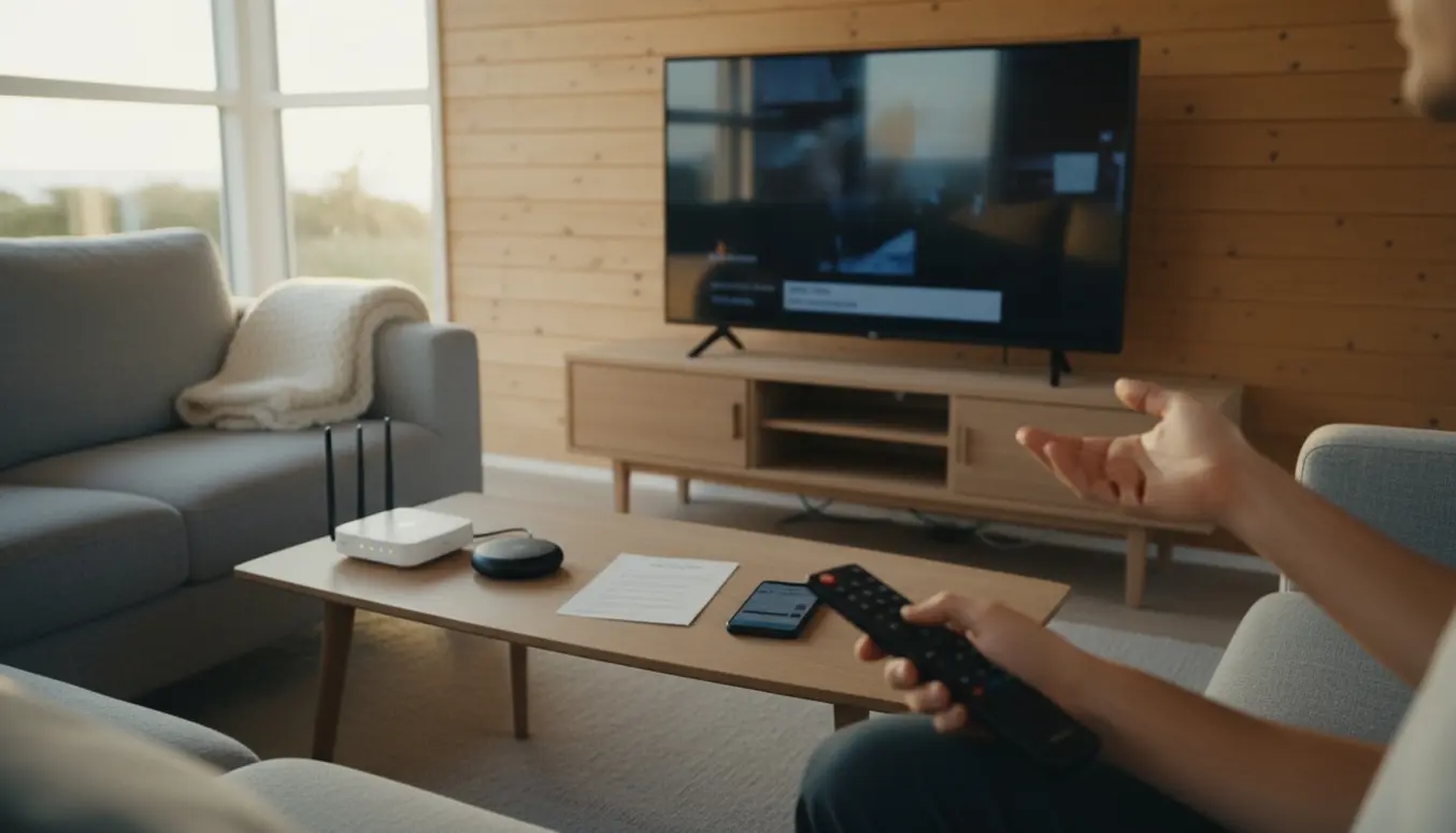 Hænder prøver at betjene en fjernbetjening foran et tændt TV i et hyggeligt dansk sommerhus, med router og smartphone på bordet.