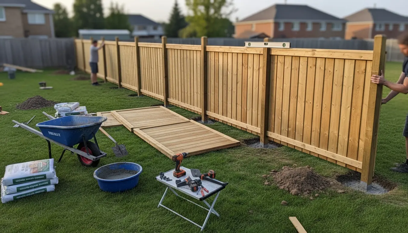Opsætning af træhegn i en have med stolper i frisk beton og værktøj klar.