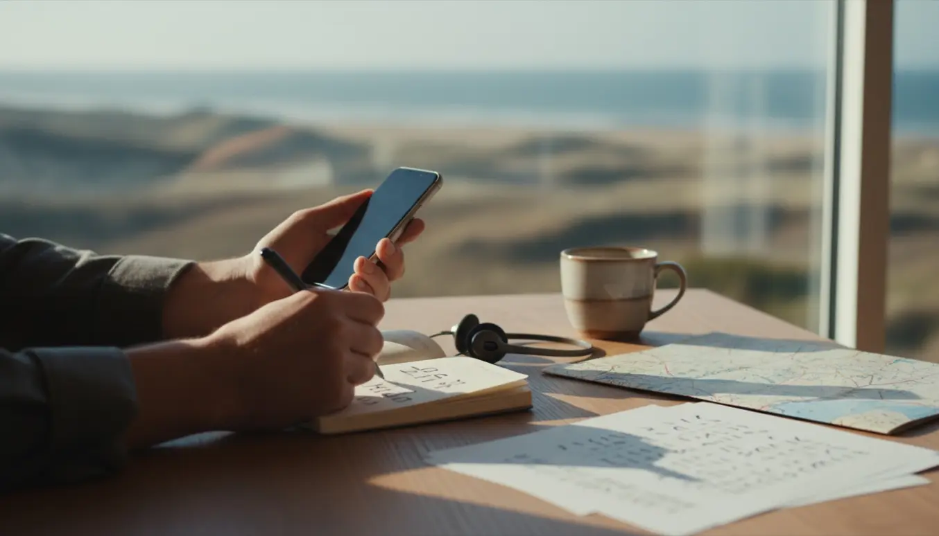 Hænder holder telefon ved et skrivebord med headset, noter og et kort, klar til at tolke en telefonisk samtale i Jylland.