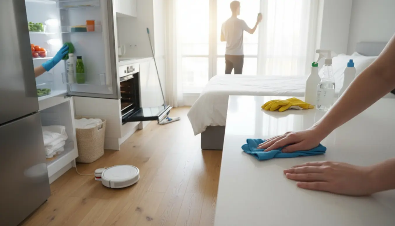Lys 55 kvm lejlighed under rengøring med robotstøvsuger, hænder der pudser vindue og nyvasket sengetøj.
