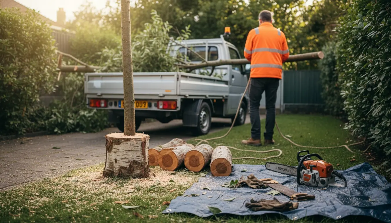 Et smalt 3–4 meter højt træ er fældet og læsses på en lille trailer i en have, med sav og arbejdshjelm synlig.