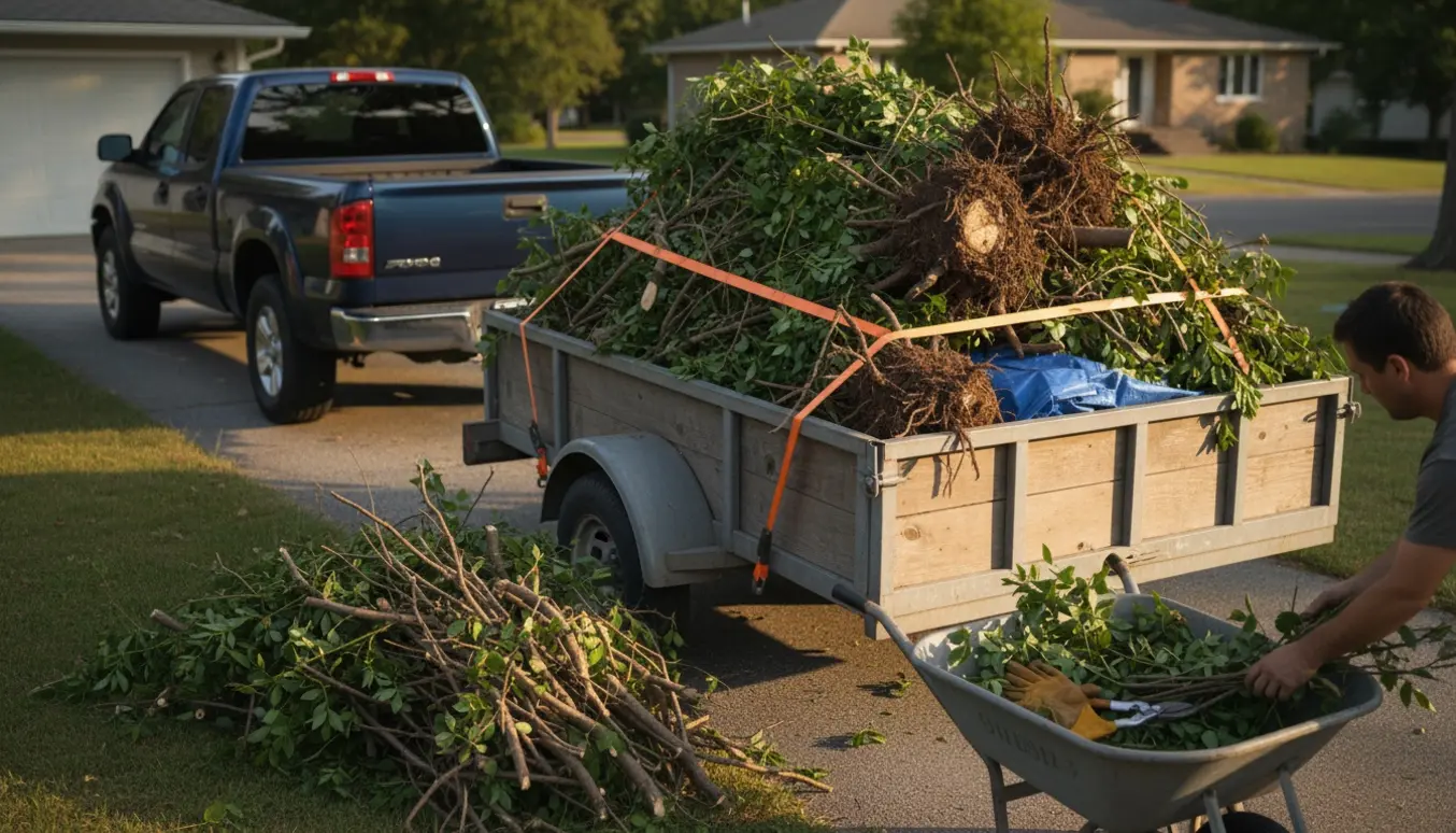 Trailer fyldt med havegrene og to små rodklumper klar til aflevering på lossepladsen.