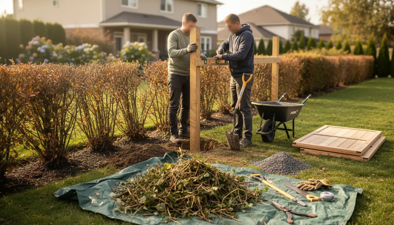 Opsætning af nyt træhegn på cirka fire meter efter fjernelse af en delvis død hæk med værktøj i forgrunden.
