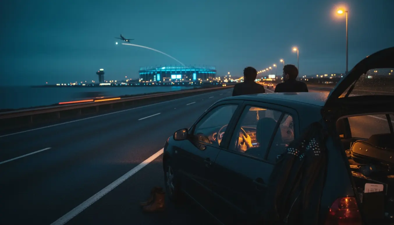 Natscene med bil og venner ved motorvejen, et fly i luften og et oplyst stadion i det fjerne.