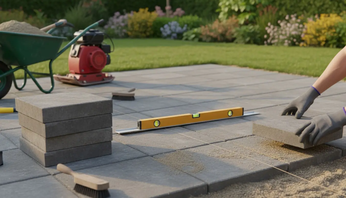 Udsnit af anlæggelse af havefliser med værktøj, sandlag og delvist lagt flisebelægning.