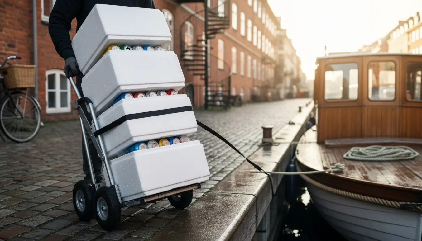 Flamingokasser med dåser læsses fra dolly ombord på en lille kanalbåd ved en københavnsk kaj i blødt morgenlys.