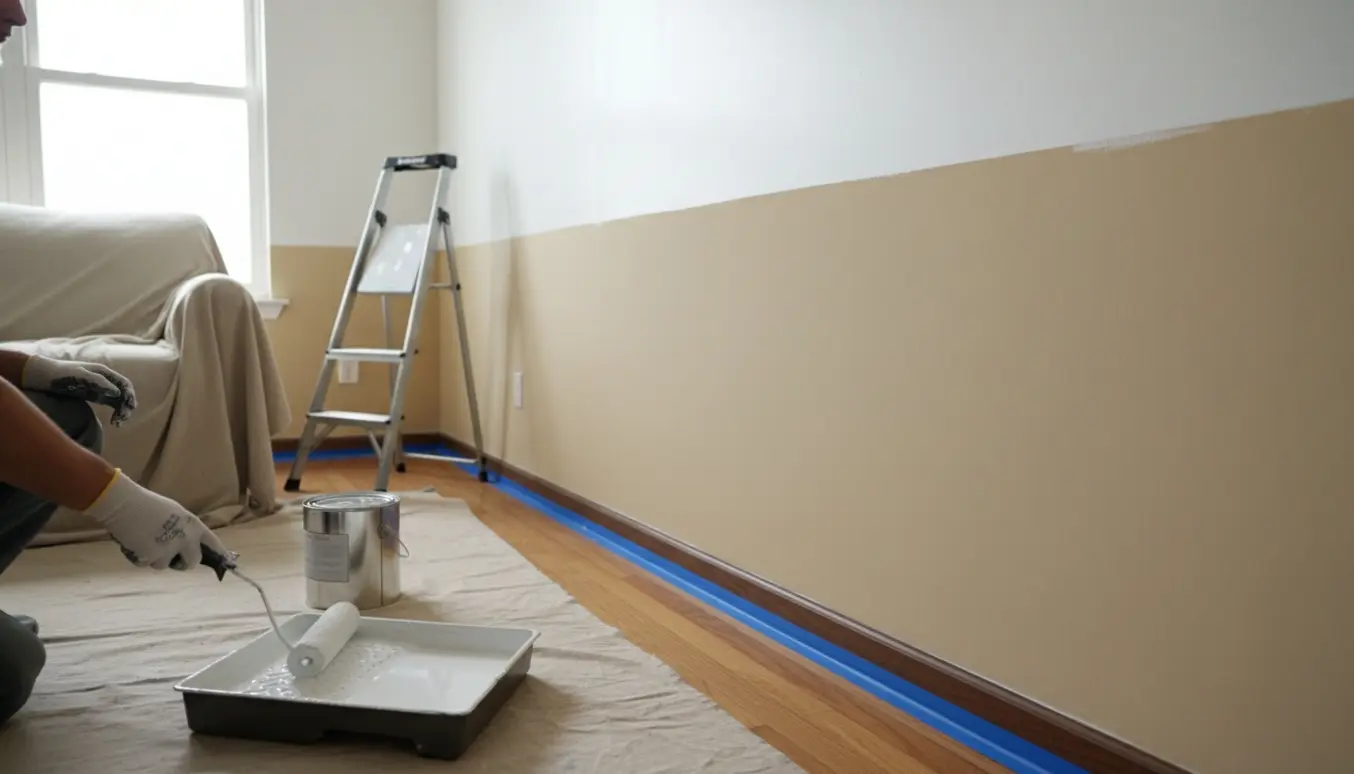 Indendørs væg delvist nymalet hvid med malerrulle, malerbøtte og afdækket gulv i blødt dagslys.