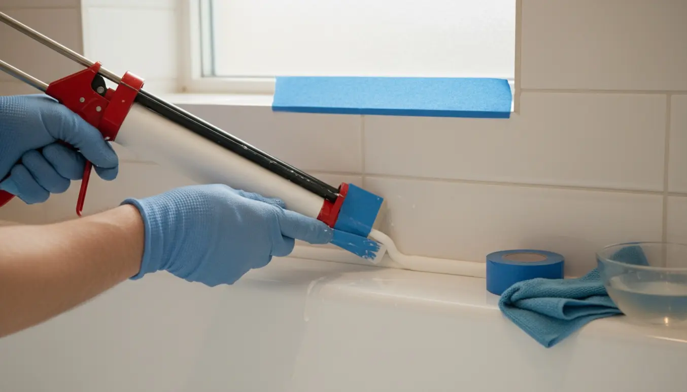 Nærbillede af hansker, fugepistol og en ny silikonefuge langs kanten af et badekar.