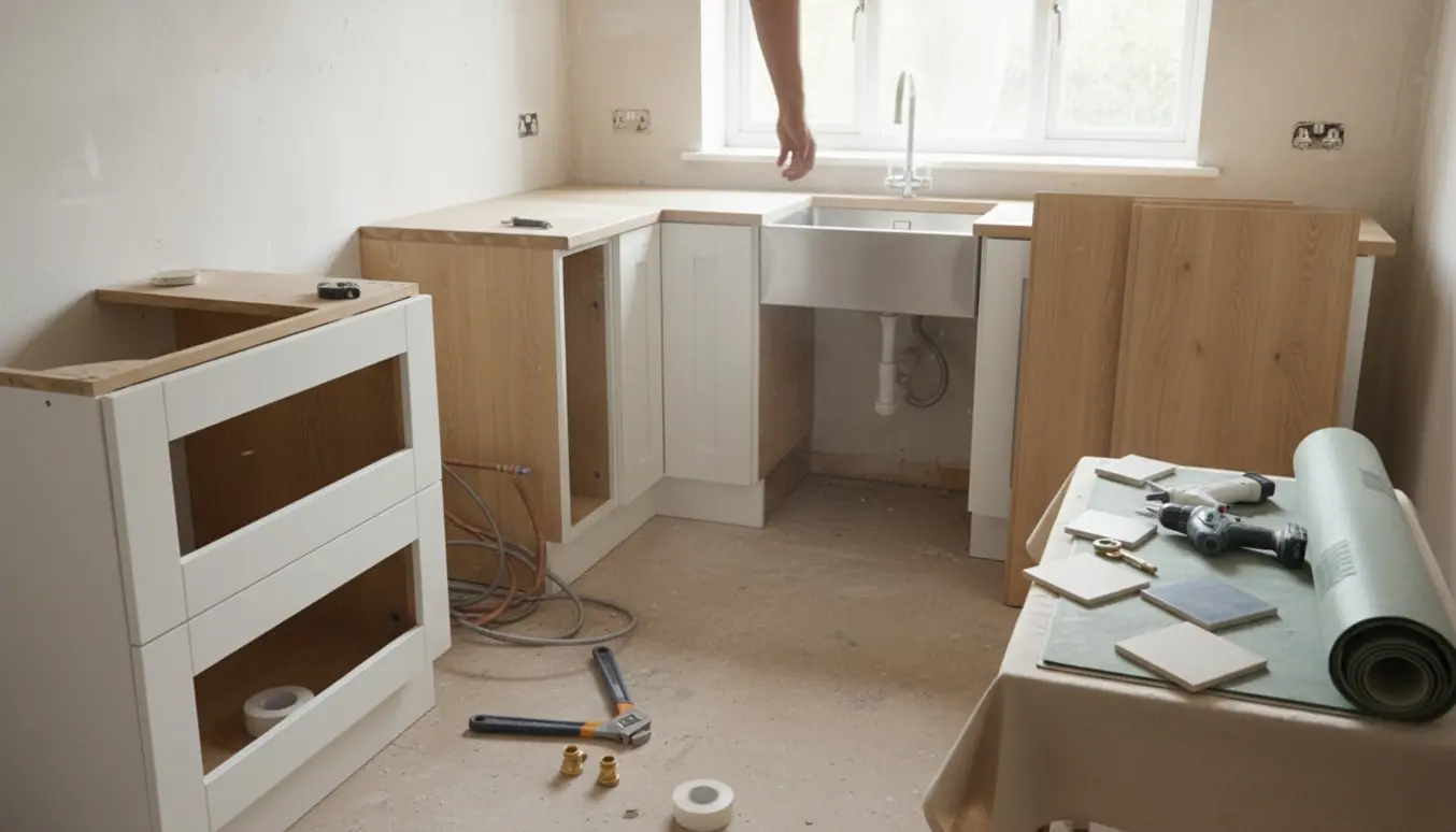 Lille køkken under renovering med nye skabe, ny vask og værktøj klar til installation.