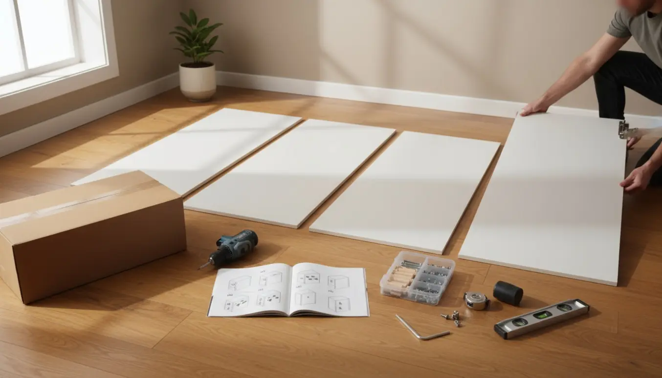 Tre skabsdøre og værktøj lagt ud på trægulv, mens to personer samler et fladpakket garderobeskab i et lyst rum.