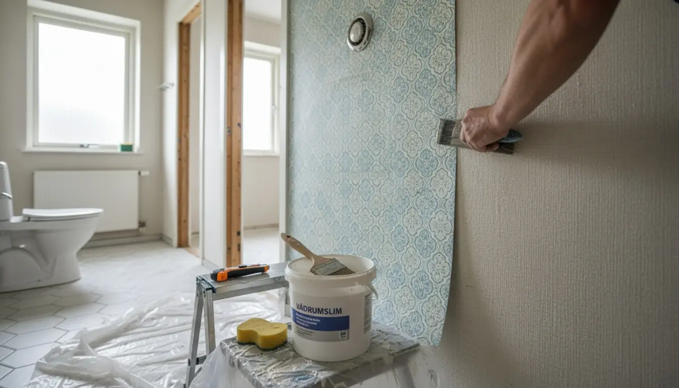 Installatørens hænder sætter tapet op i et badeværelse med vådrumslim, radiator, toilet og to døre.